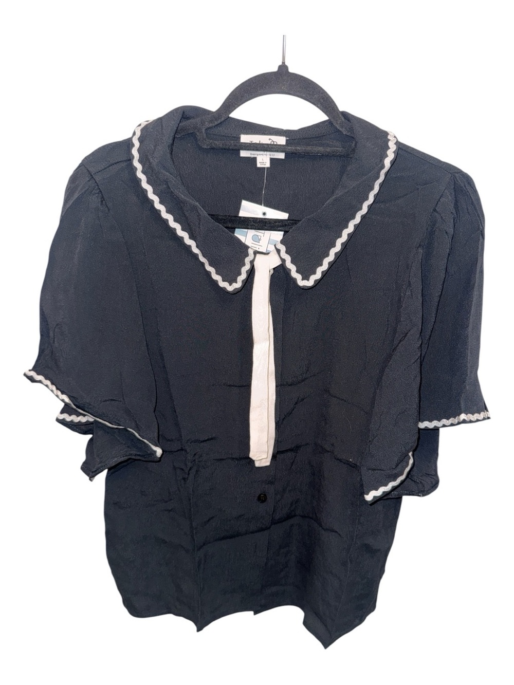 Black Short-Sleeve Blouse with White Trim and Peter Pan Collar